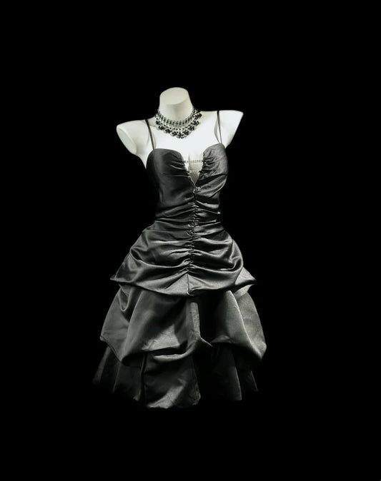 Spaghetti Straps Black Satin Homecoming Dress Short Birthday Dress   P2668