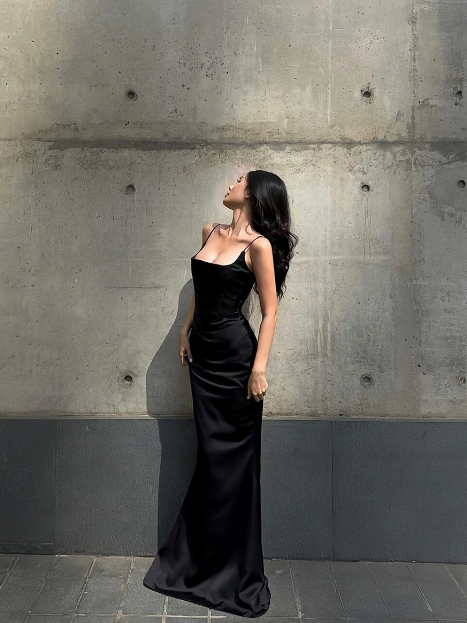 Spaghetti Straps Black Sheath Prom Dress  Satin  Evening Dress  P753