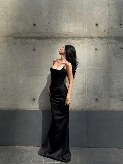 Spaghetti Straps Black Sheath Prom Dress  Satin  Evening Dress  P753