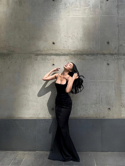 Spaghetti Straps Black Sheath Prom Dress  Satin  Evening Dress  P753