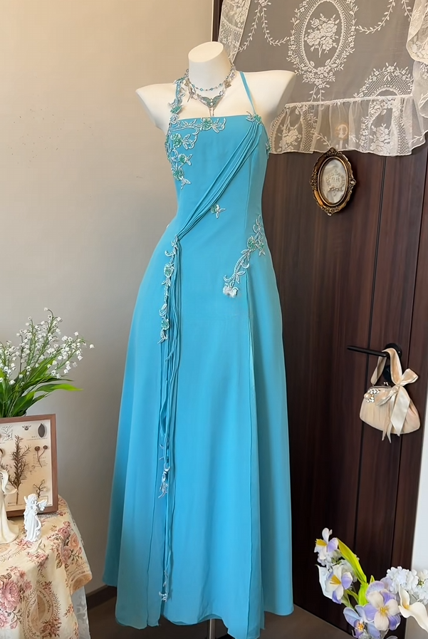 Spaghetti Straps Blue A Line Chiffon Long Dress With Appliques  P2644
