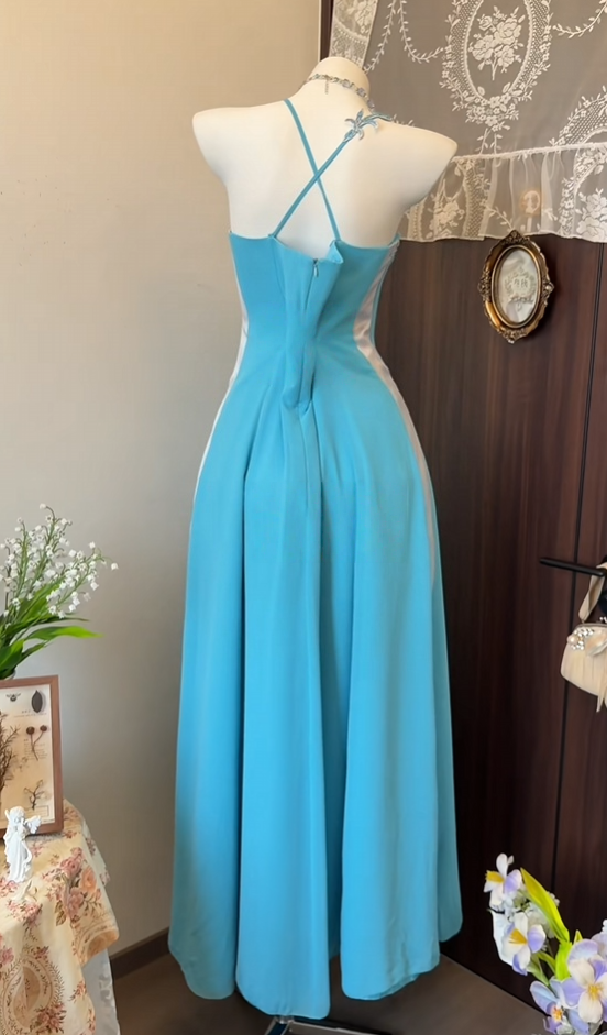 Spaghetti Straps Blue A Line Chiffon Long Dress With Appliques  P2644