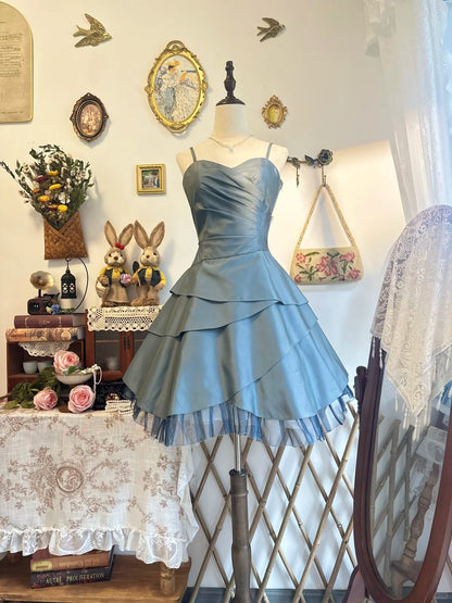 Spaghetti Straps Blue Birthday Dress Short Ruffled Homecoming Dress   P2144