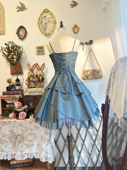 Spaghetti Straps Blue Birthday Dress Short Ruffled Homecoming Dress   P2144