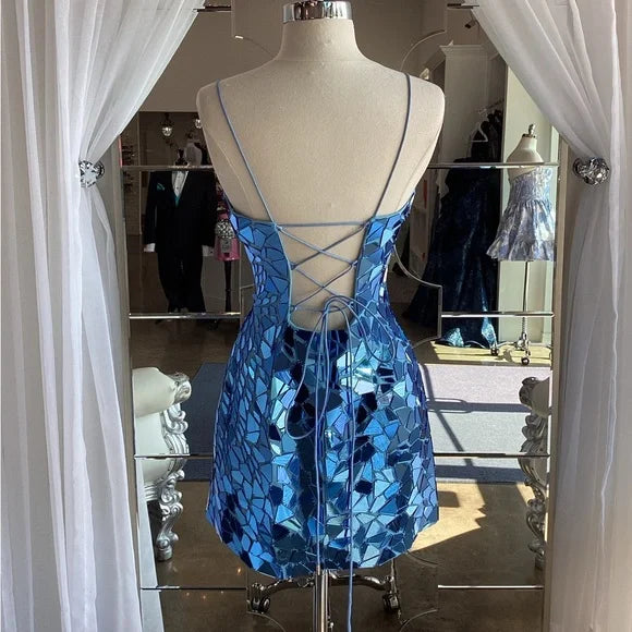 Spaghetti Straps Blue Mirror Beaded Mini Sheath Homecoming Dress   P2150