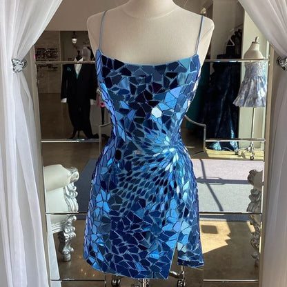 Spaghetti Straps Blue Mirror Beaded Mini Sheath Homecoming Dress   P2150