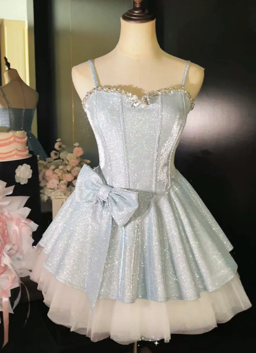 Spaghetti Straps Blue Princess Dress  Sparkle Birthday Dress  L163