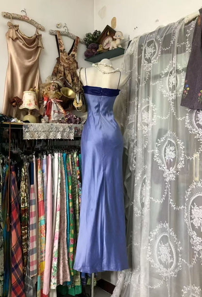 Spaghetti Straps Blue Satin Formal Evening Dress Wedding Guest Dress  P2045