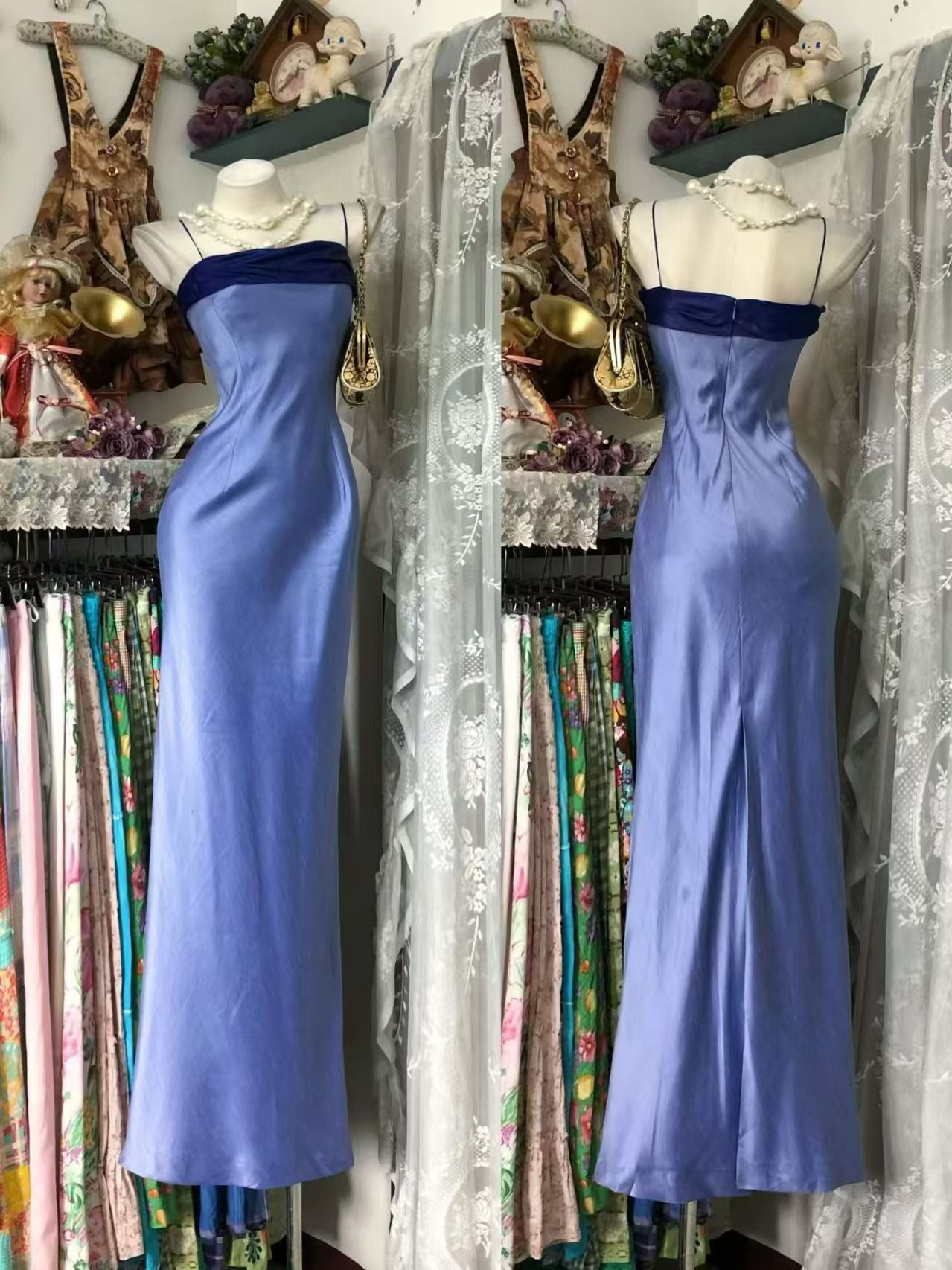 Spaghetti Straps Blue Satin Formal Evening Dress Wedding Guest Dress  P2045