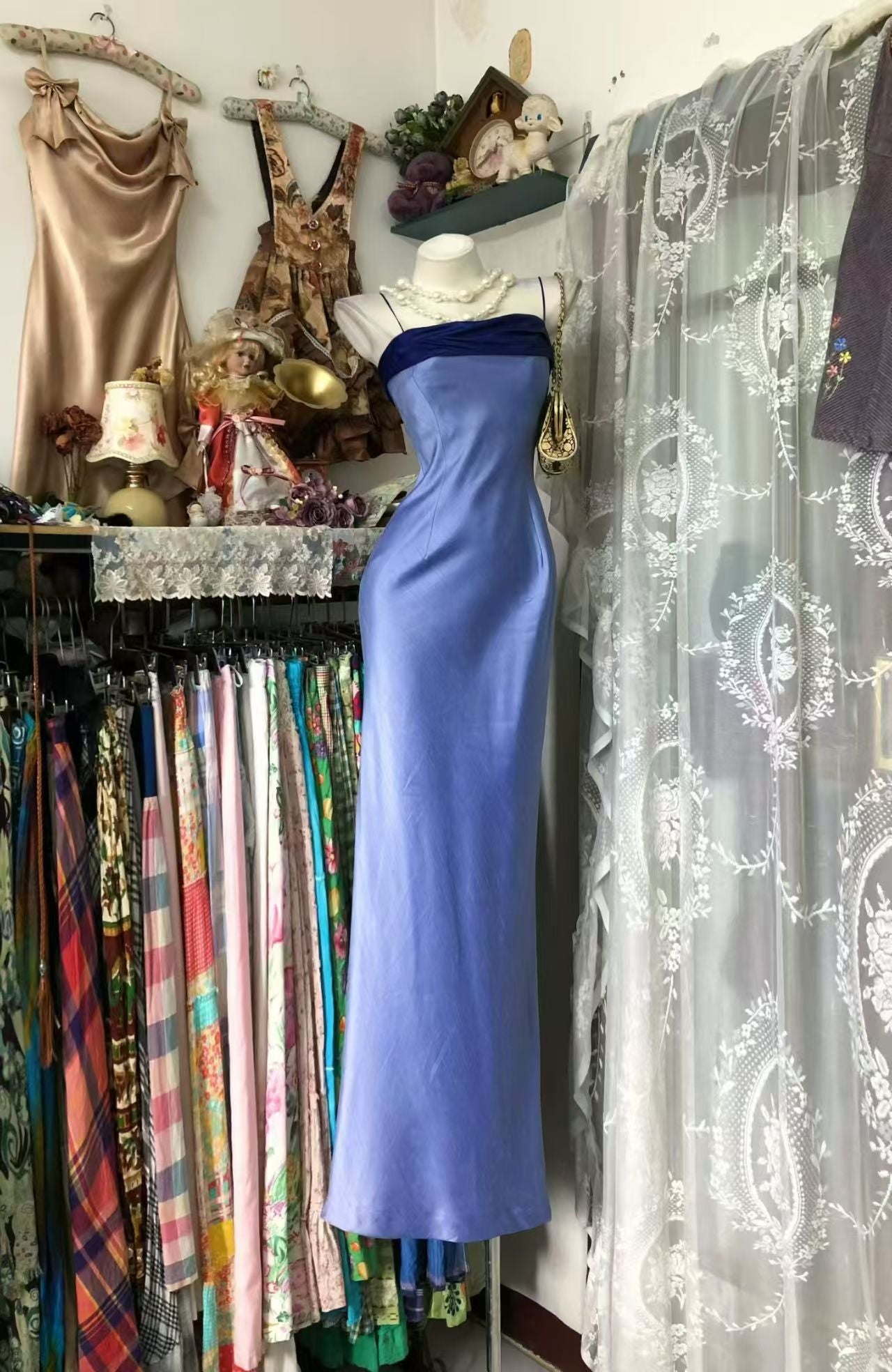 Spaghetti Straps Blue Satin Formal Evening Dress Wedding Guest Dress  P2045