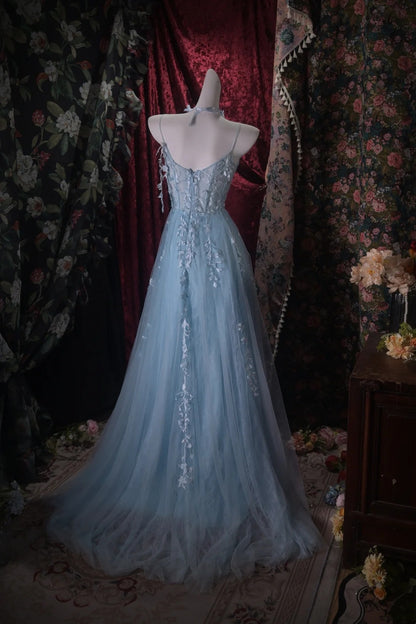 Spaghetti Straps Blue Tulle Formal Prom Dress With Slit  P1859