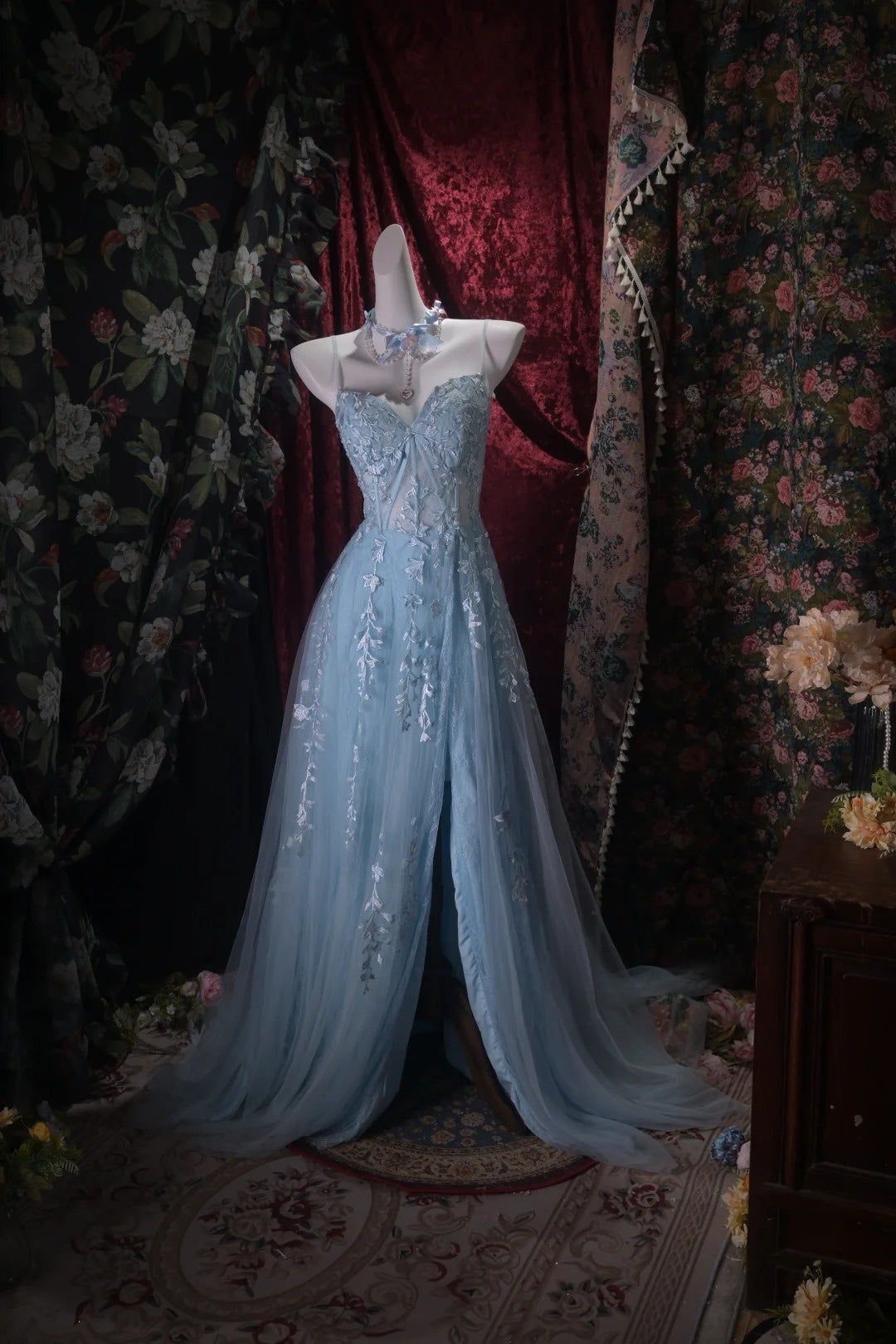 Spaghetti Straps Blue Tulle Formal Prom Dress With Slit  P1859