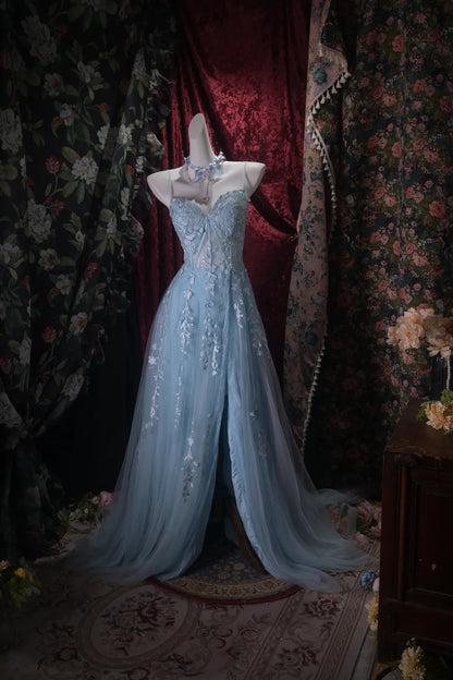 Spaghetti Straps Blue Tulle Formal Prom Dress With Slit  P1859