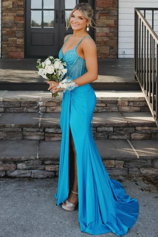 Spaghetti Straps Blue V-Neck Beads Mermaid Prom Dress With Slit  P1151