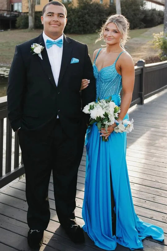 Spaghetti Straps Blue V-Neck Beads Mermaid Prom Dress With Slit  P1151