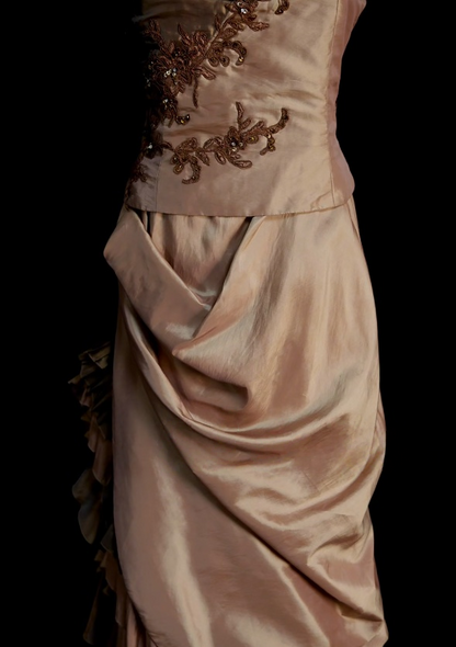 Spaghetti Straps Brown Vintage Prom Dress Ruffled Slit Evening Dress  P883