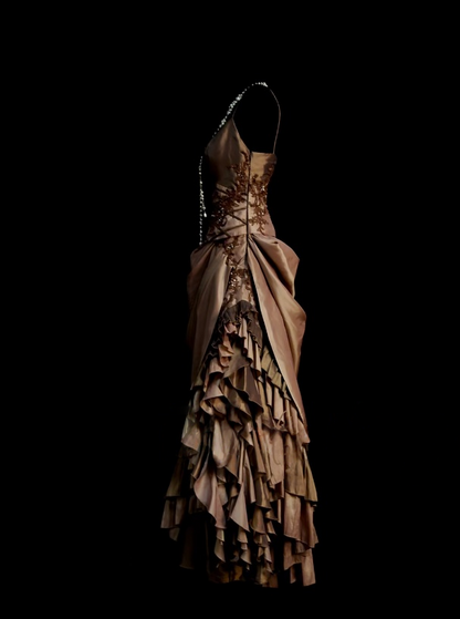 Spaghetti Straps Brown Vintage Prom Dress Ruffled Slit Evening Dress  P883