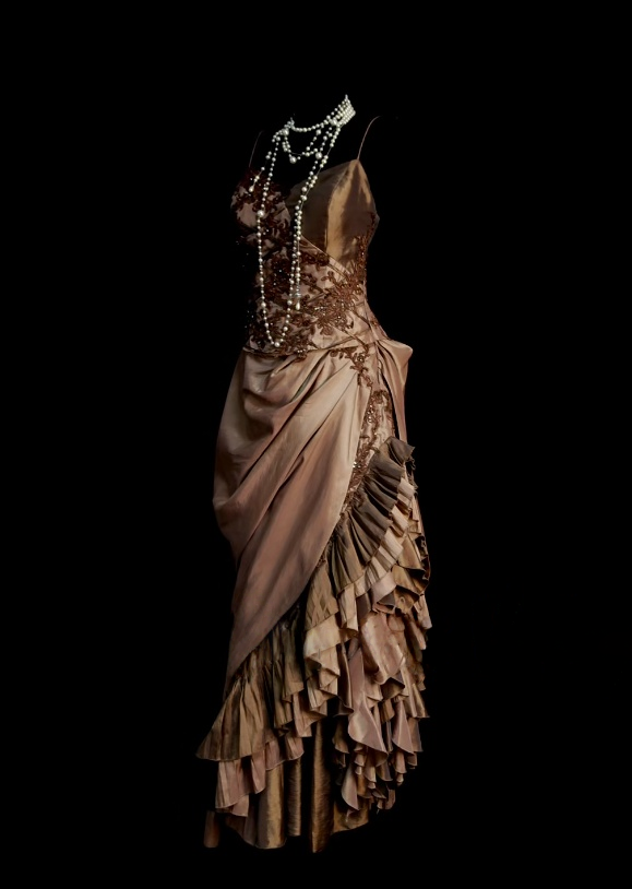 Spaghetti Straps Brown Vintage Prom Dress Ruffled Slit Evening Dress  P883
