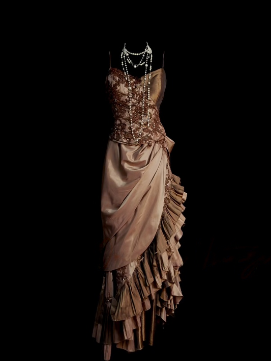Spaghetti Straps Brown Vintage Prom Dress Ruffled Slit Evening Dress  P883
