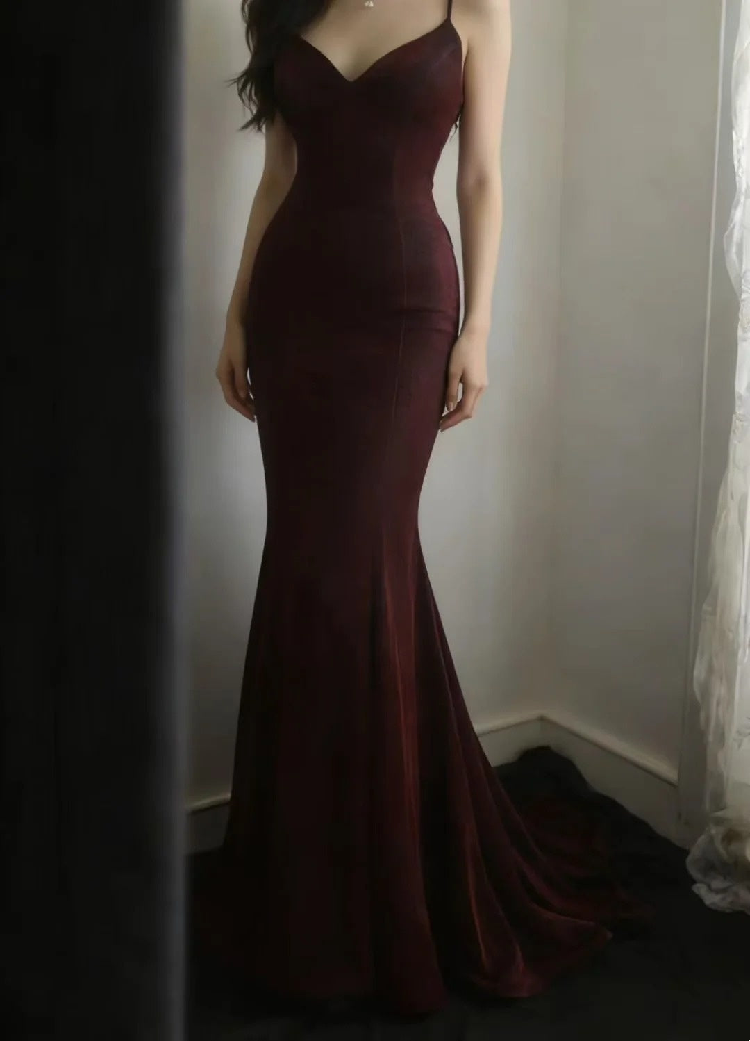 Spaghetti Straps Burgundy Mermaid Formal Prom Dress Backless Evening Dress  P1831