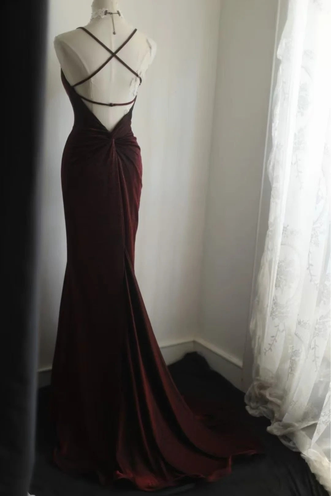 Spaghetti Straps Burgundy Mermaid Formal Prom Dress Backless Evening Dress  P1831
