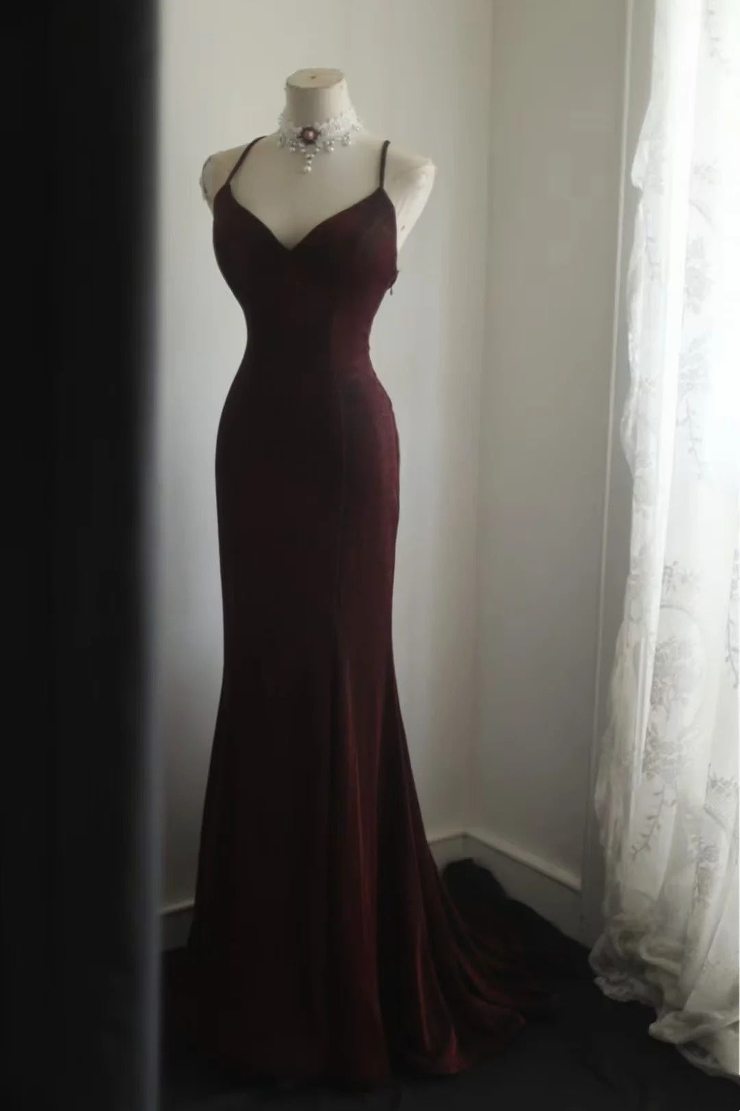 Spaghetti Straps Burgundy Mermaid Formal Prom Dress Backless Evening Dress  P1831