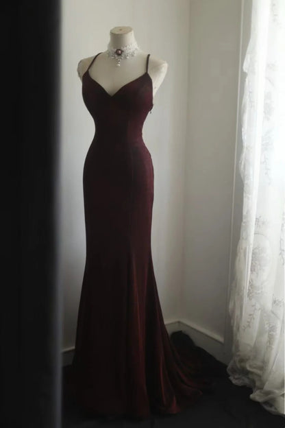 Spaghetti Straps Burgundy Mermaid Formal Prom Dress Backless Evening Dress  P1831