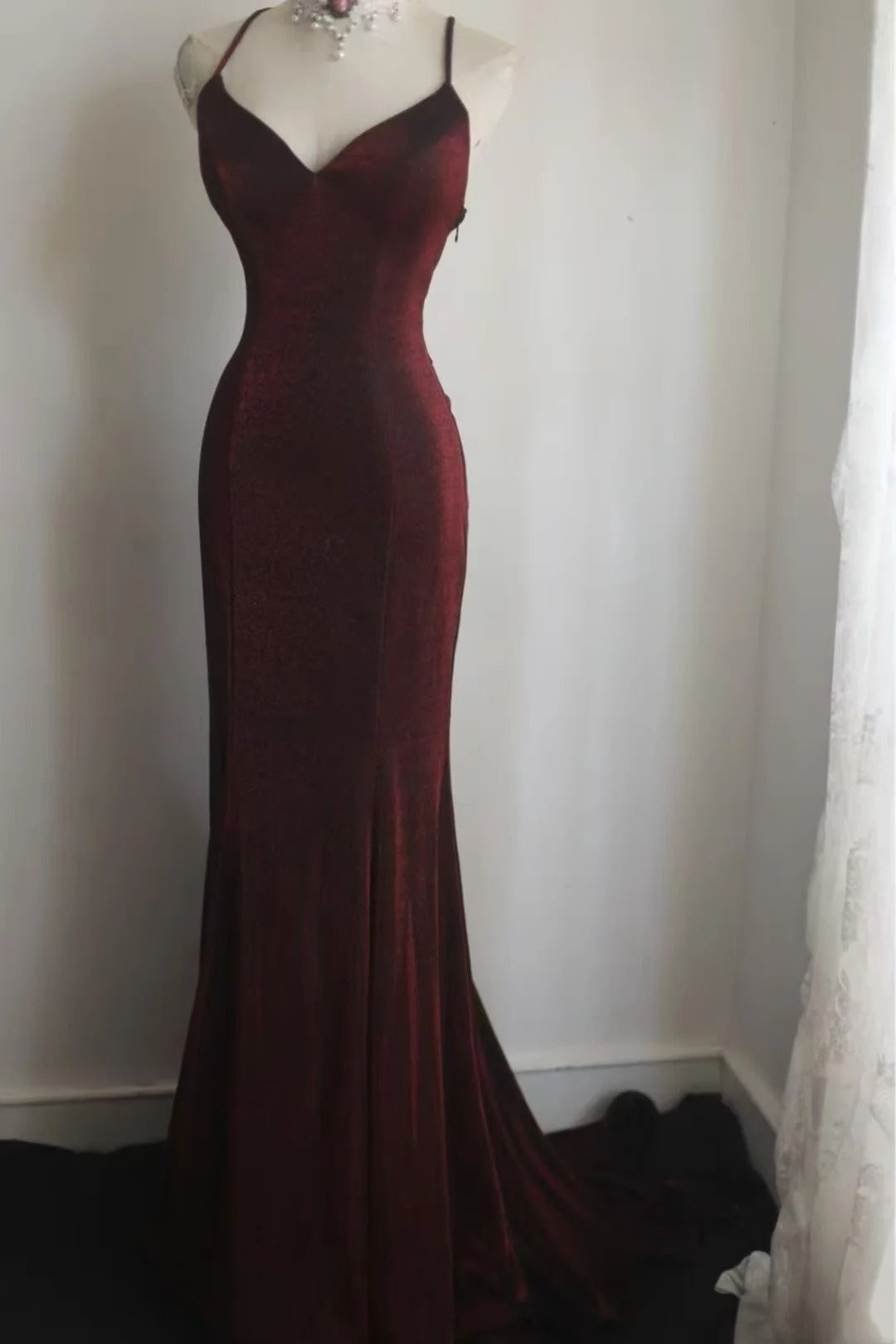 Spaghetti Straps Burgundy Mermaid Formal Prom Dress Backless Evening Dress  P1831