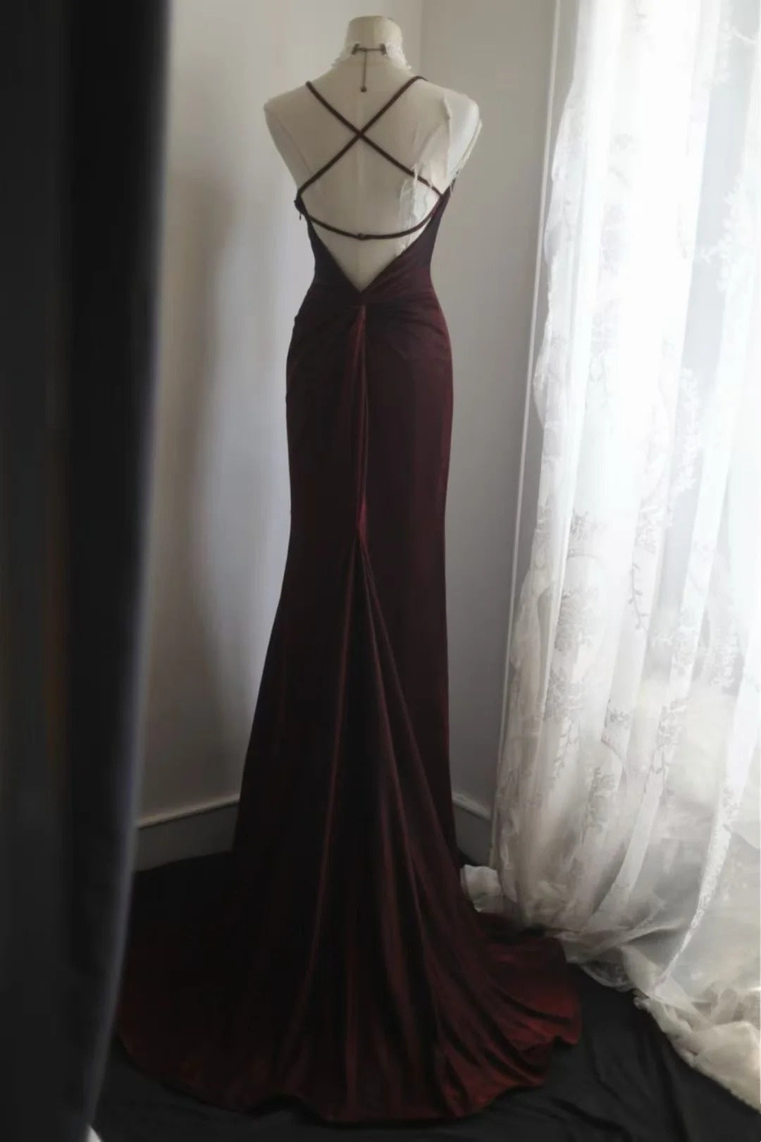 Spaghetti Straps Burgundy Mermaid Formal Prom Dress Backless Evening Dress  P1831