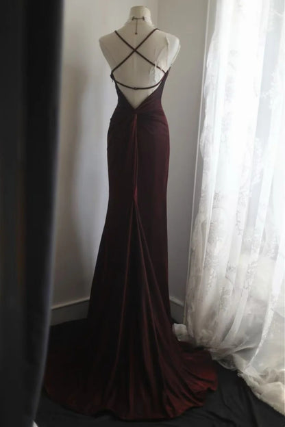 Spaghetti Straps Burgundy Mermaid Formal Prom Dress Backless Evening Dress  P1831