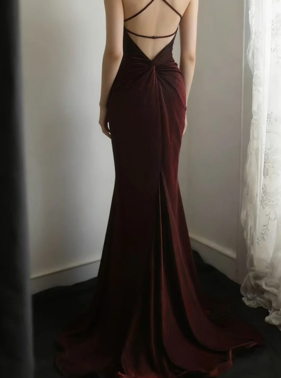 Spaghetti Straps Burgundy Mermaid Formal Prom Dress Backless Evening Dress  P1831