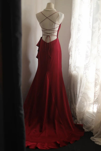 Spaghetti Straps Burgundy Mermaid Prom Dress Open Back Evening Gown  P2052