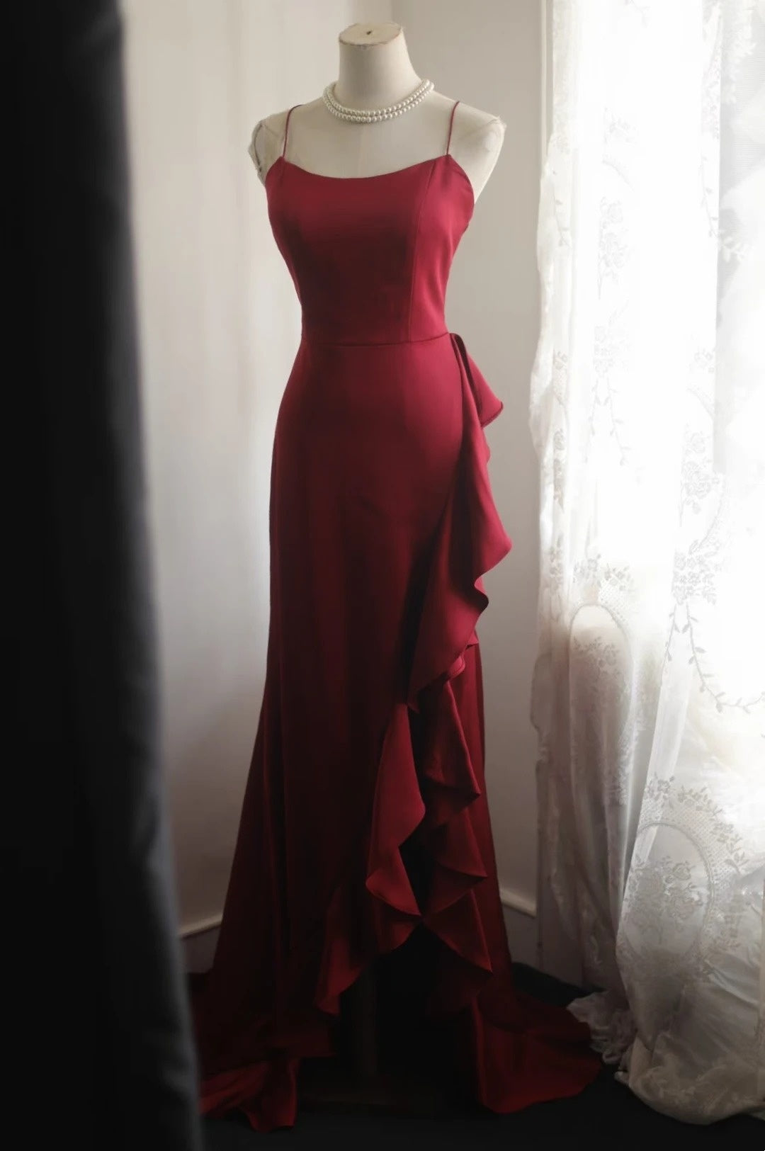 Spaghetti Straps Burgundy Mermaid Prom Dress Open Back Evening Gown  P2052