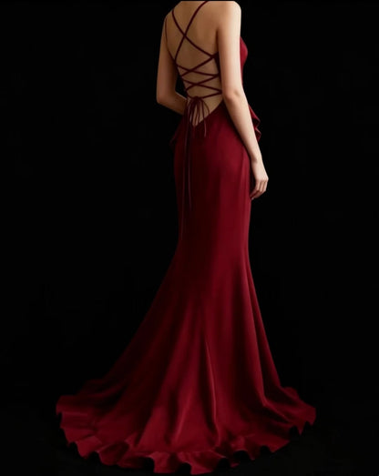 Spaghetti Straps Burgundy Mermaid Prom Dress Open Back Evening Gown  P2052