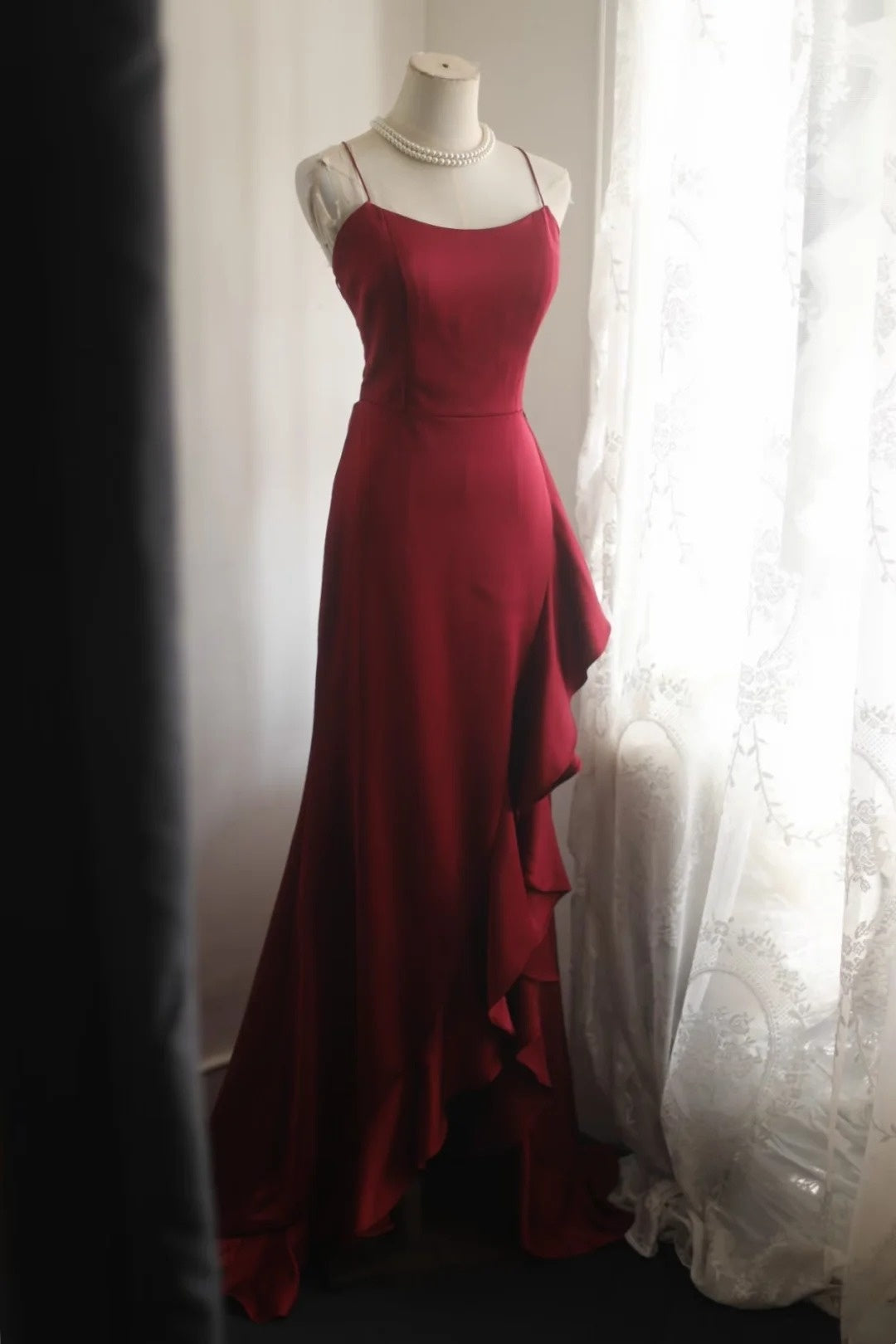 Spaghetti Straps Burgundy Mermaid Prom Dress Open Back Evening Gown  P2052