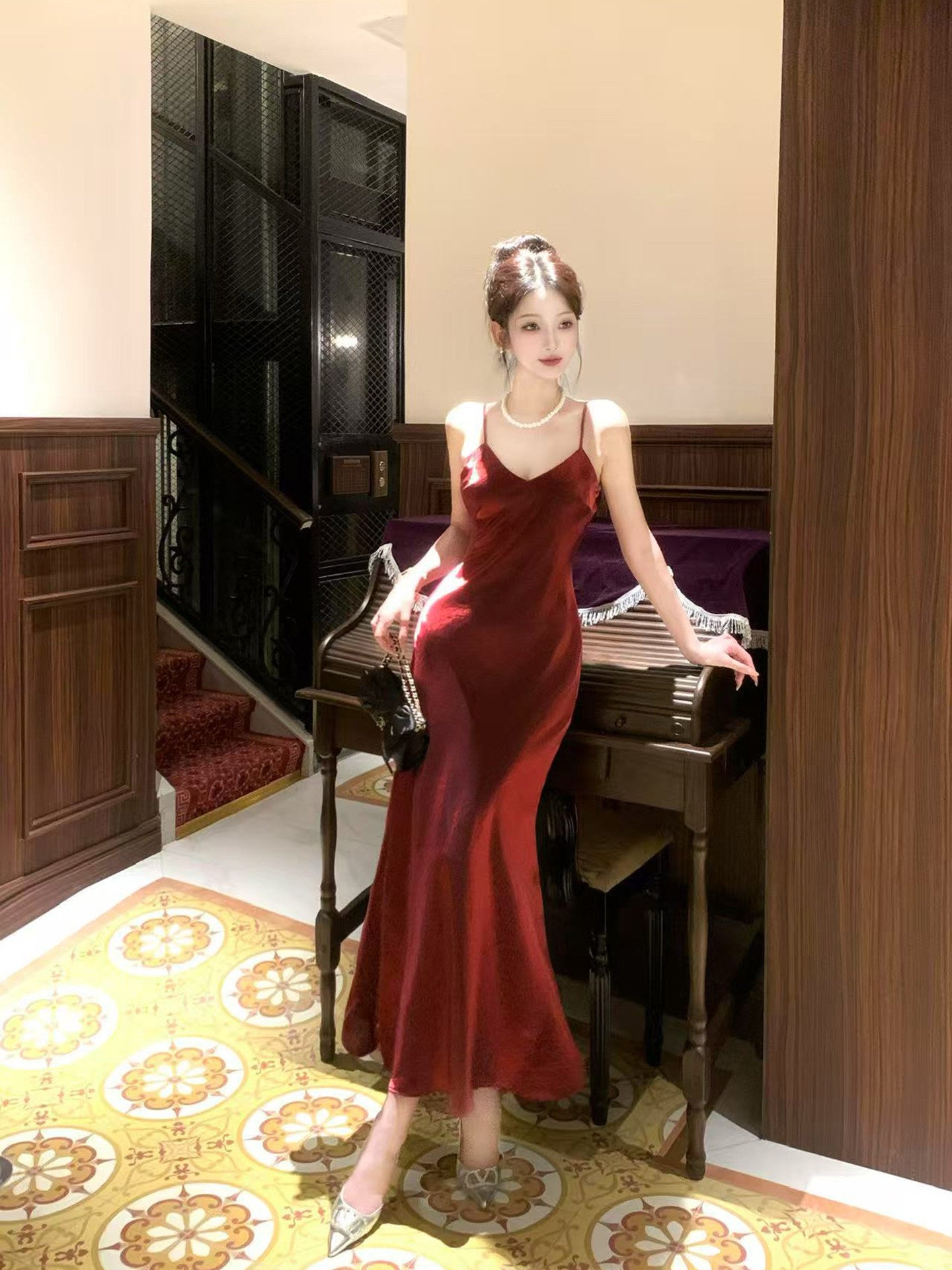 Spaghetti Straps Burgundy Prom Dress Mermaid Date Dress  P620