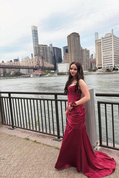 Spaghetti Straps Burgundy Satin Prom Dress Mermaid Evening Gown  P1578