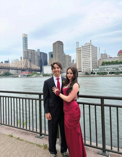 Spaghetti Straps Burgundy Satin Prom Dress Mermaid Evening Gown  P1578