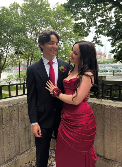 Spaghetti Straps Burgundy Satin Prom Dress Mermaid Evening Gown  P1578