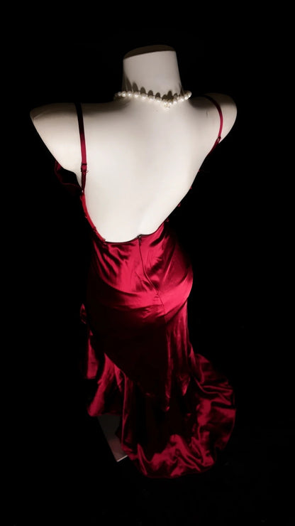Spaghetti Straps Burgundy Satin Ruffled Mermaid Prom Dress With Slit  P2601