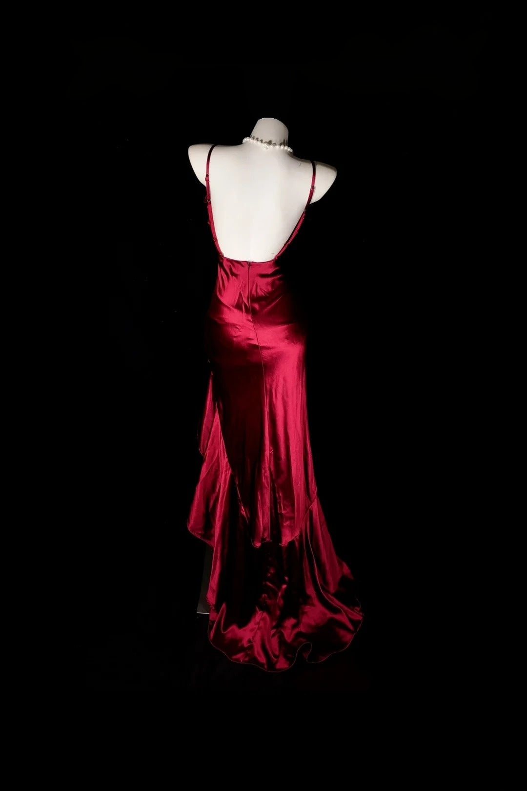 Spaghetti Straps Burgundy Satin Ruffled Mermaid Prom Dress With Slit  P2601