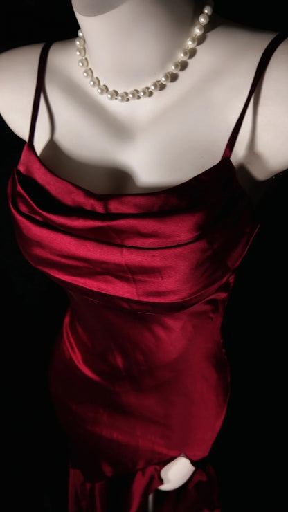 Spaghetti Straps Burgundy Satin Ruffled Mermaid Prom Dress With Slit  P2601