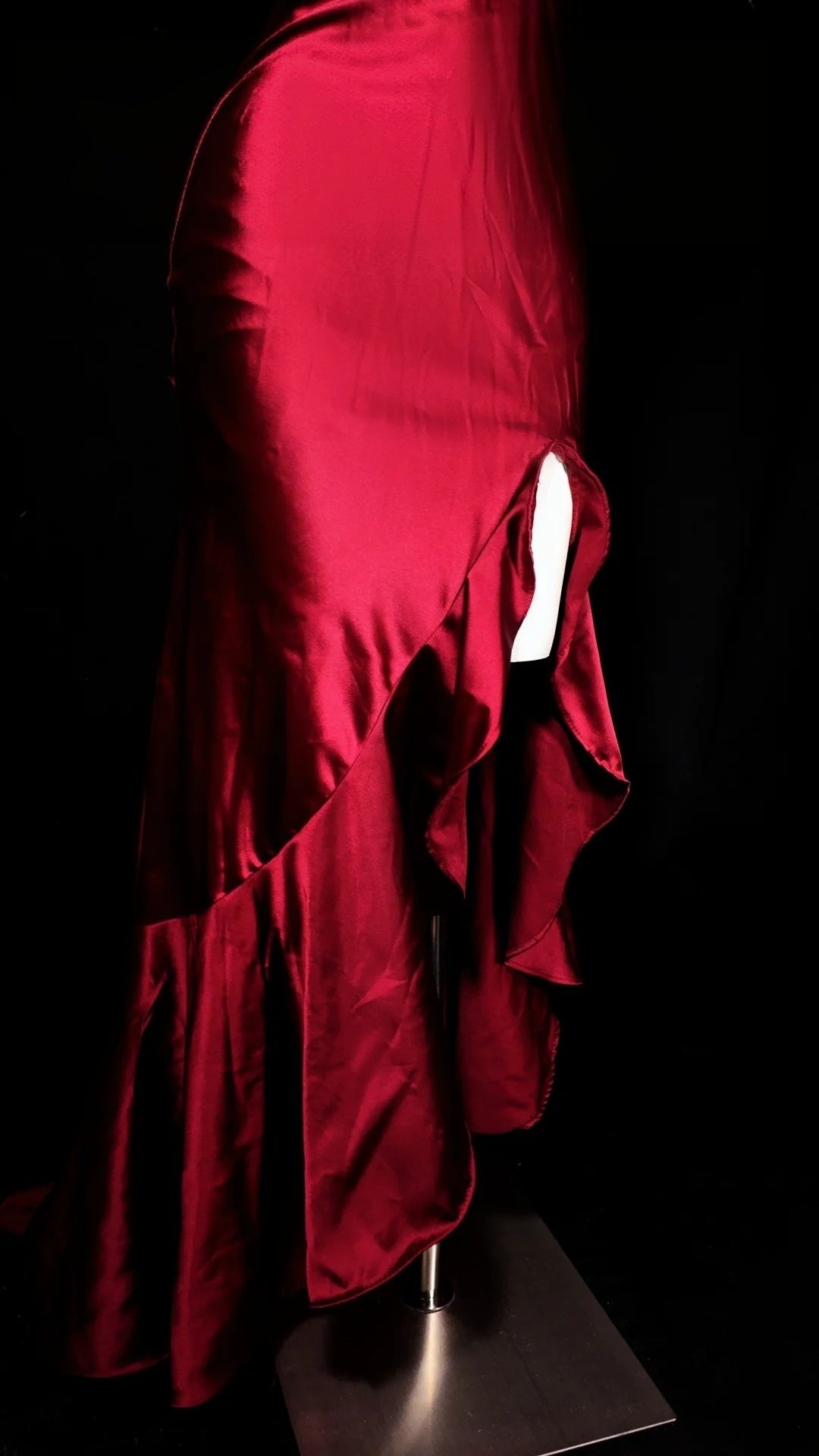 Spaghetti Straps Burgundy Satin Ruffled Mermaid Prom Dress With Slit  P2601