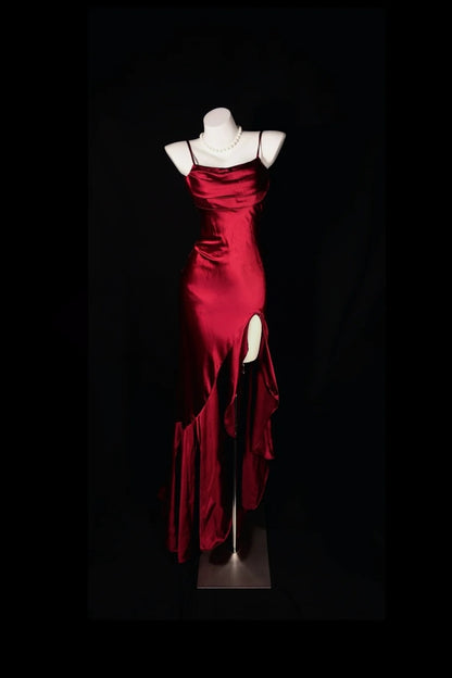 Spaghetti Straps Burgundy Satin Ruffled Mermaid Prom Dress With Slit  P2601