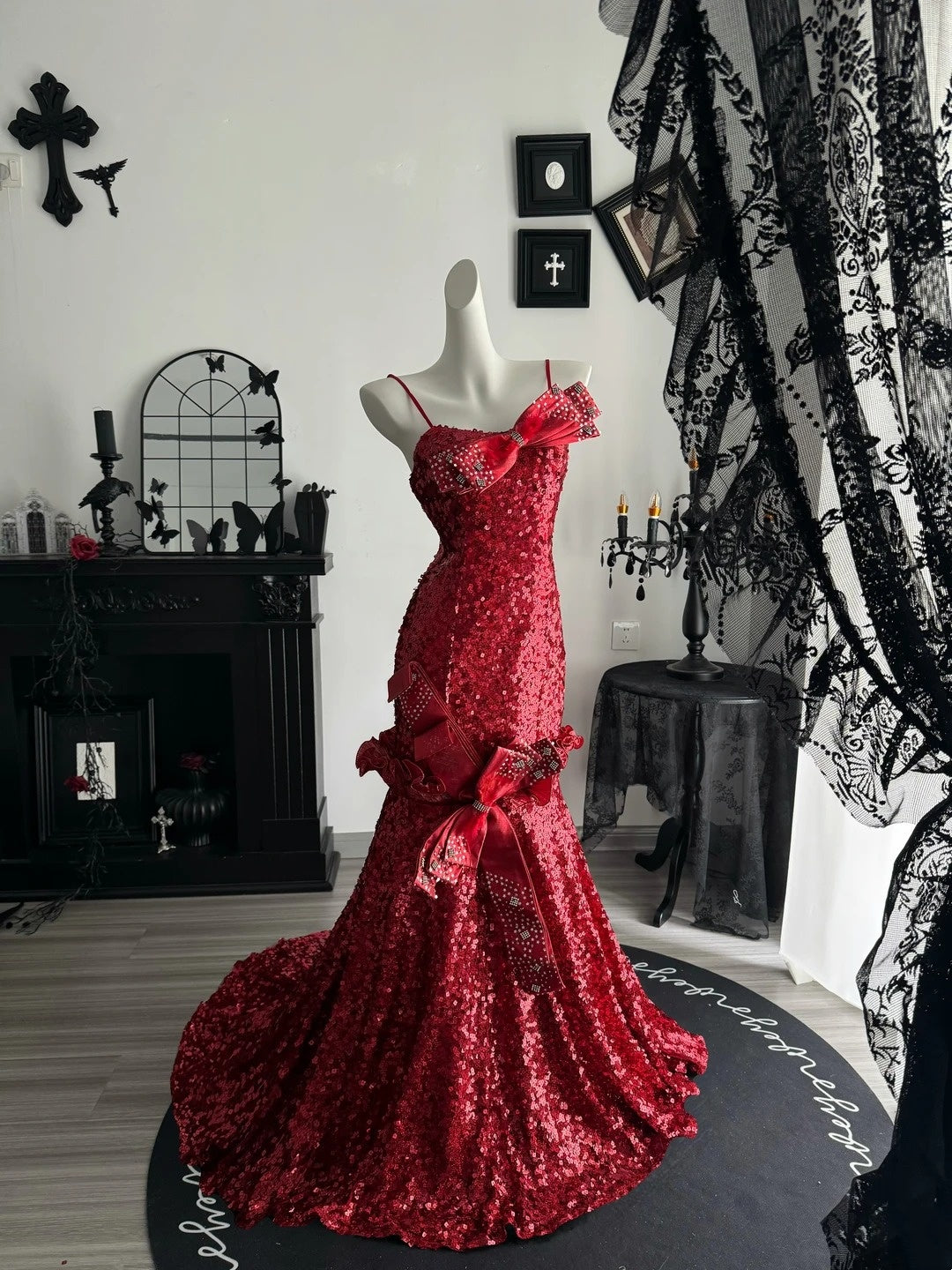Spaghetti Straps Burgundy Sequin Mermaid Prom Dress Evening Gown  P1991