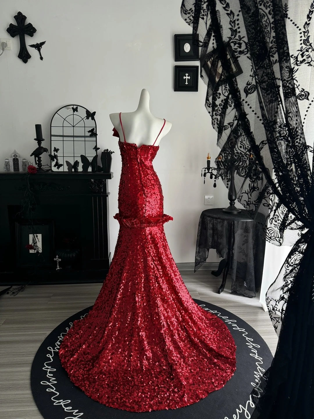 Spaghetti Straps Burgundy Sequin Mermaid Prom Dress Evening Gown  P1991