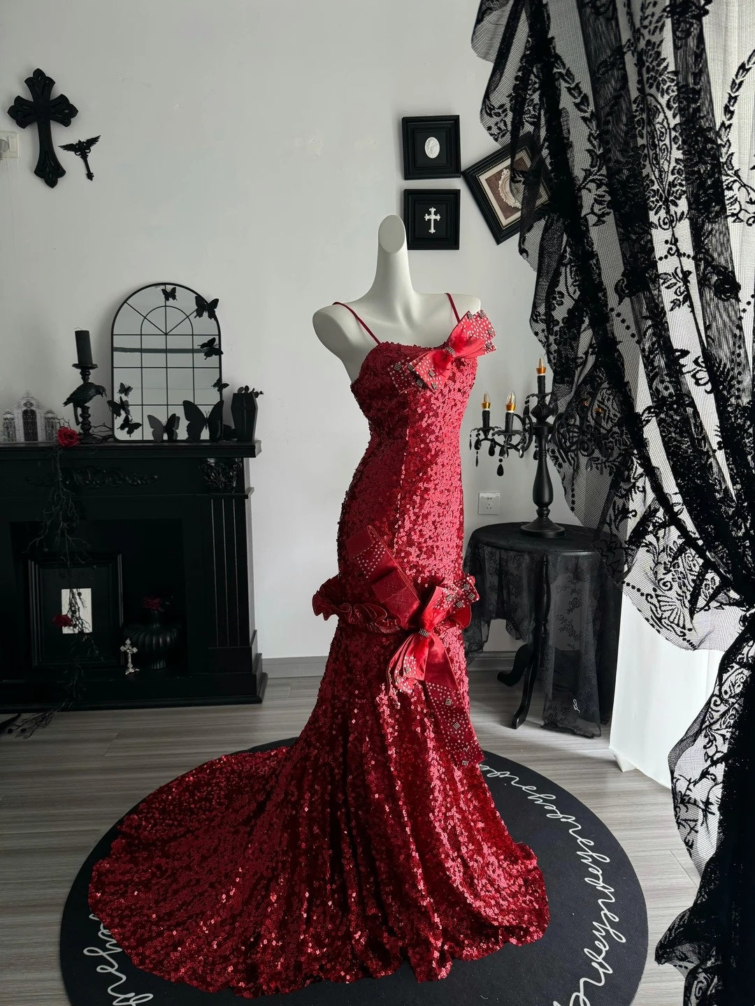 Spaghetti Straps Burgundy Sequin Mermaid Prom Dress Evening Gown  P1991
