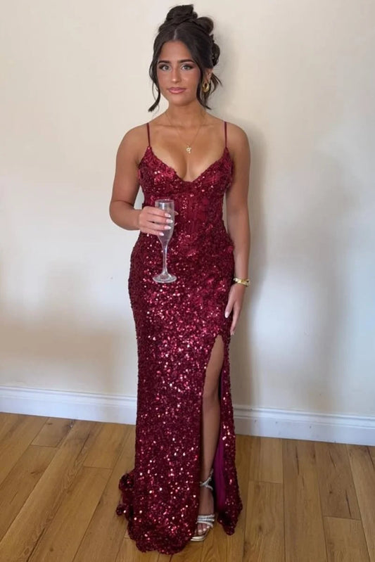 Spaghetti Straps Burgundy V-Neck Sequined Long Prom Dress With Slit  P2447
