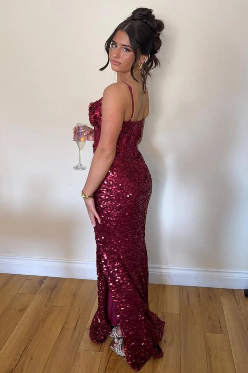 Spaghetti Straps Burgundy V-Neck Sequined Long Prom Dress With Slit  P2447