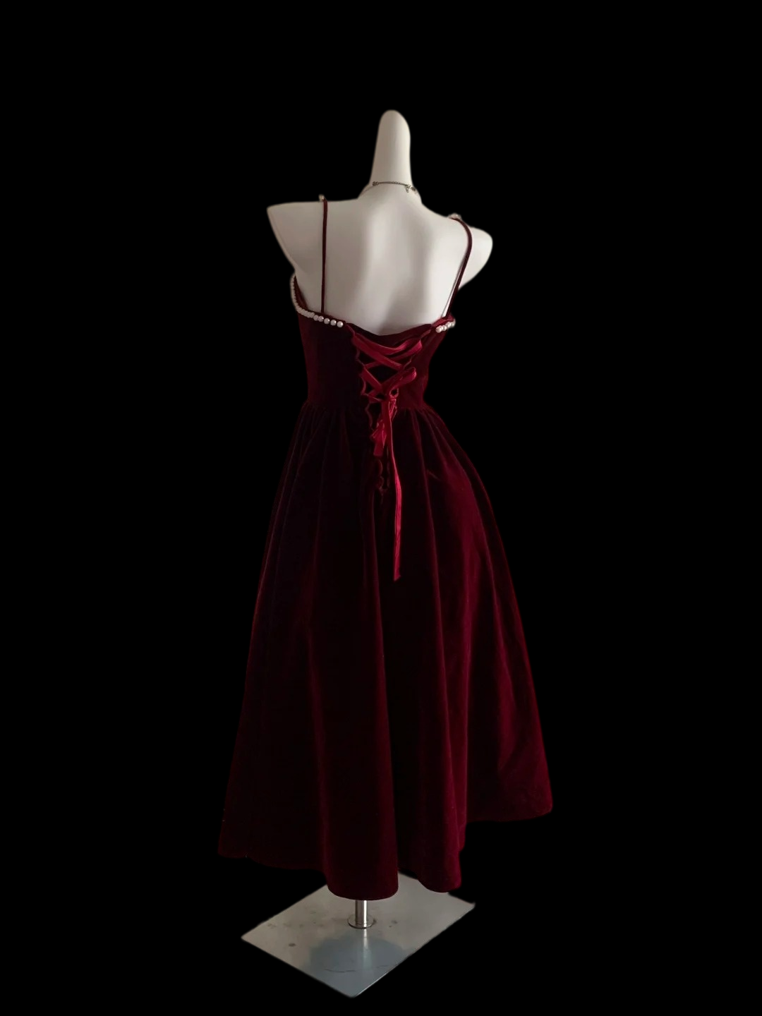 Spaghetti Straps Burgundy Velvet Pearl Beaded Birthday Gown  P2414